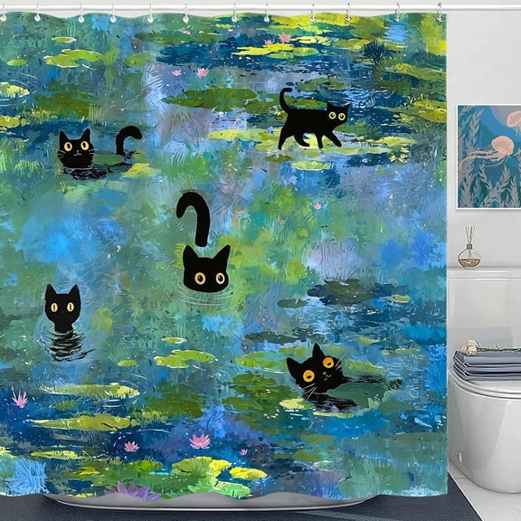 Cute Cat Shower Curtain Funny Fun Cool Cats Monet Shower Curtains for Bathroom Water Lilies Waterproof Fabric Bath Curtain Decor 72 X 72 Inch