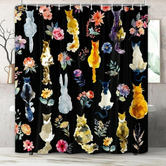 Cute Cat Shower Curtain for Kids, Retro Black Floral Shower Curtain Set for Bathroom, Colorful Funny Kitty Animal Fabric Shower Curtain Restroom Bathtub Decor Accessories with Hooks 47X 64 inch