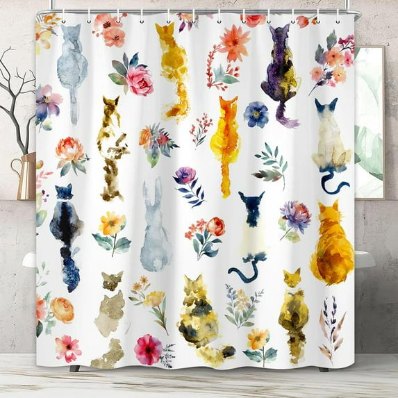 Cute Cat Shower Curtain for Kids, Retro White Floral Shower Curtain Set for Bathroom, Colorful Funny Kitty Animal Fabric Shower Curtain Restroom Bathtub Decor Accessories with Hooks 72X 75 inch