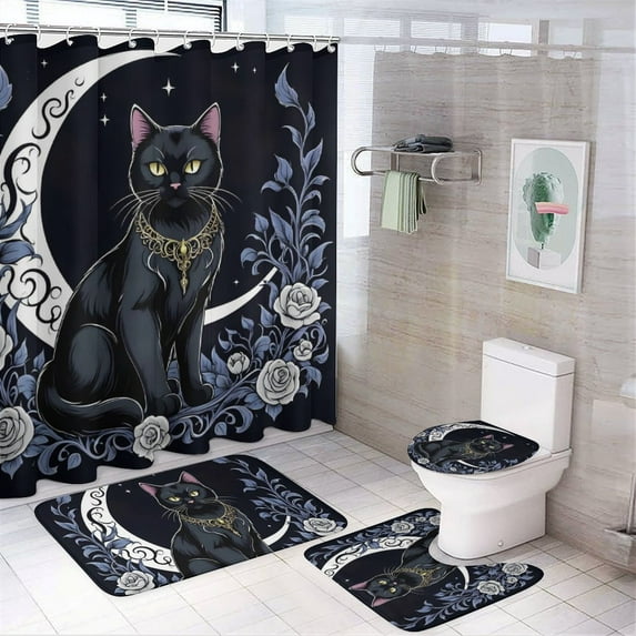 Cute Cat Shower Curtain Set, 4-Piece Bathroom Decor Set with 72" x 72" Shower Curtain, Toilet Cover Mat, U-Shaped Mat, Non-Slip Floor Mat