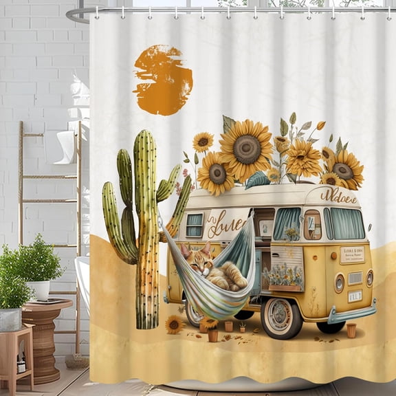 Cute Cat Shower Curtain Western Desert Scenery Cactus Sunflower Bus Printed Bath Curtain Waterproof Washable Fabric Bathroom Bathtub Decor Shower Curtain Set with Hooks-60"W x 72"L (Pack of 1)