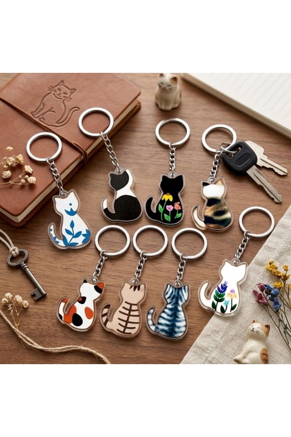 Cute Cat Silhouette Acrylic Keychain, Floral Kitten Keyring, Calico Tabby Bag Charm, Aesthetic Cat Mom Gift, Pet Lover Backpack Accessory (1 keychain)