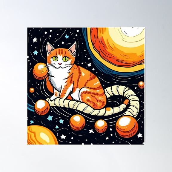 Cute Cat Sitting On The Moon. Hand Drawn Vector Illustration. Poster Wall Art, Modern Wall Decor, 24x24 UNFRAMED