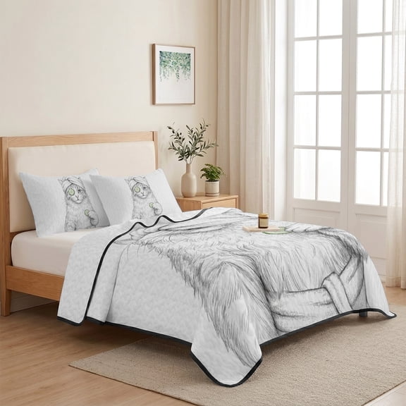 Cute Cat Sketch SPA Head Towel 3 Pieces Quilt Set,1 Quilt with 2 Shams,Black White Animal Art Bedspread Soft Lightweight Bedding Coverlet Comforter Set for All Season 68"x98"