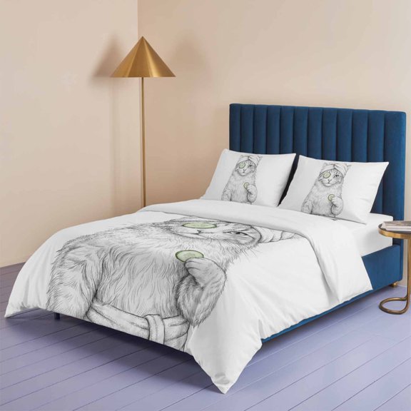 Cute Cat Sketch SPA Head Towel Queen Size Bed Set,Black White Animal Art Bedding for All Seasons,4 Pcs Bed Set,1 Quiltcover (90"x90"),1 Sheet (90"x102"),2 Pillowcases (20"x30")