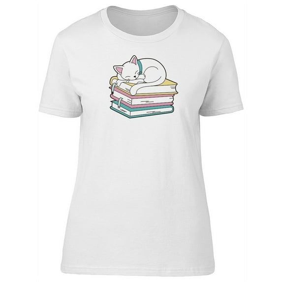 Cute Cat Sleeping On Books T-Shirt Women -Image by Shutterstock, Female XX-Large