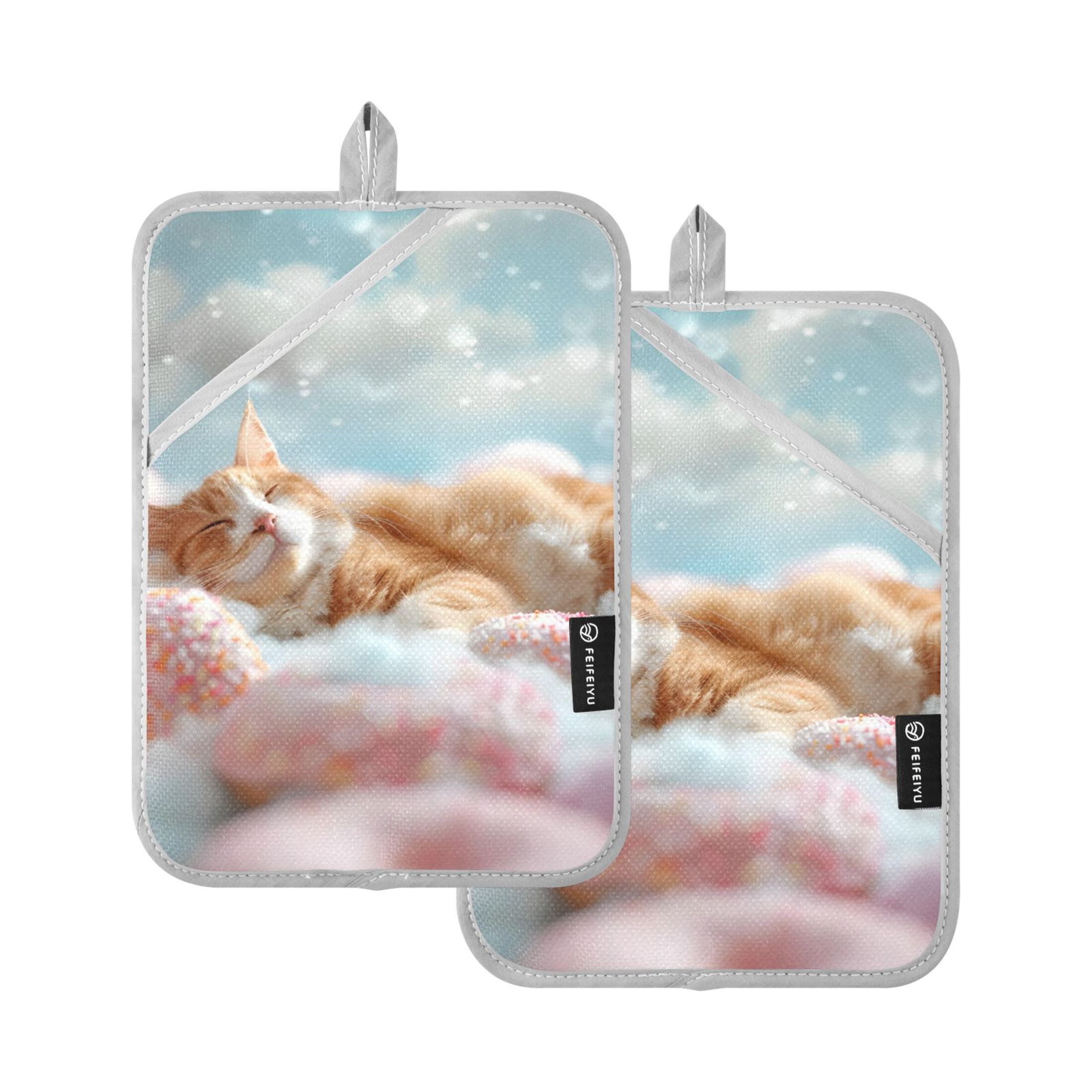 Cute Cat Sleeping on Donuts Pot Holder Set Heat Resistant Potholder
