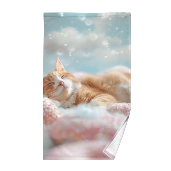 Cute Cat Sleeping with Donuts Cotton Face Towels Absorbent Hand Towel Soft Bathroom Towel for Kitchen Hotel Decoration