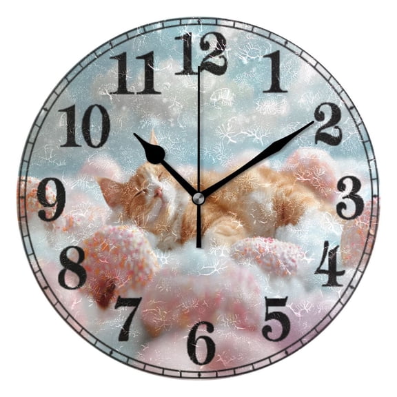Cute Cat Sleeping with Donuts Silent Wall Clock 10" Non-Ticking Battery Clock