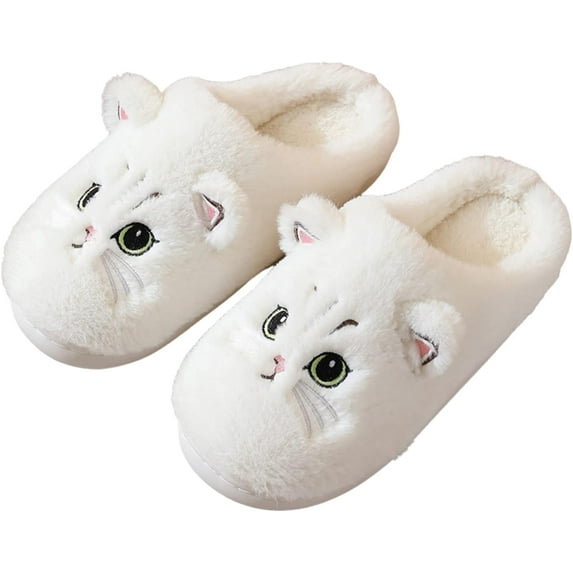 Cute Cat Slippers for Women, Fuzzy Fluffy Faux Fur Animal House Slides for Indoor and Outdoor Shoes