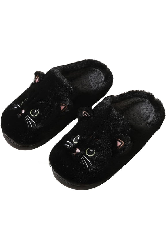 Cute Cat Slippers for Women, Fuzzy Fluffy Faux Fur Animal House Slides for Indoor and Outdoor Shoes