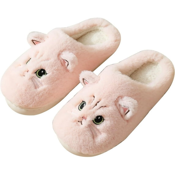 Cute Cat Slippers for Women, Fuzzy Fluffy Faux Fur Animal House Slides for Indoor and Outdoor Shoes