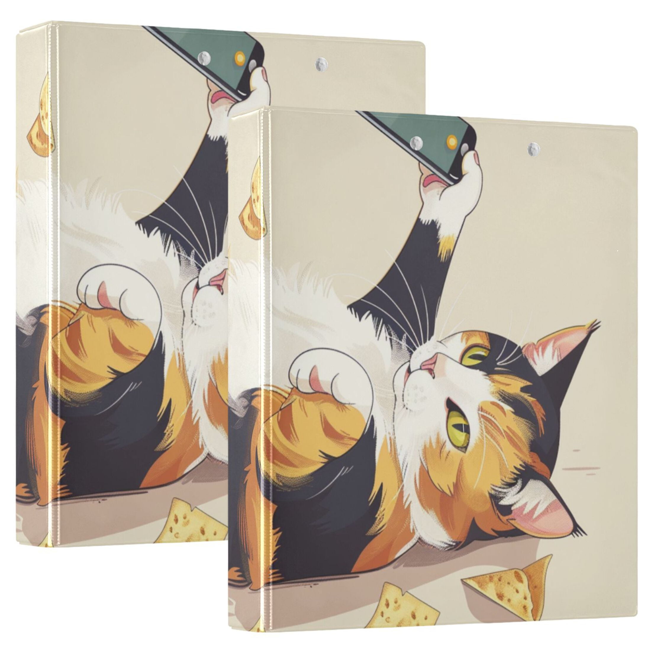 Cute Cat Snack 3 Ring Binders 1.5 inch Hardcover File Folders with Interior Pockets A4 Size Organizer for School Office Hospital