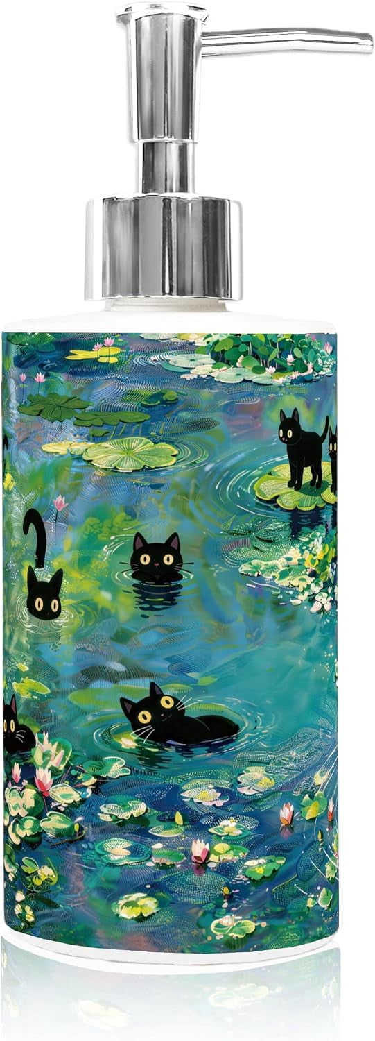 Cute Container House Cute Cat Soap Dispenser Funny Fun Cats Glass Dispenser with Silver Pump ...