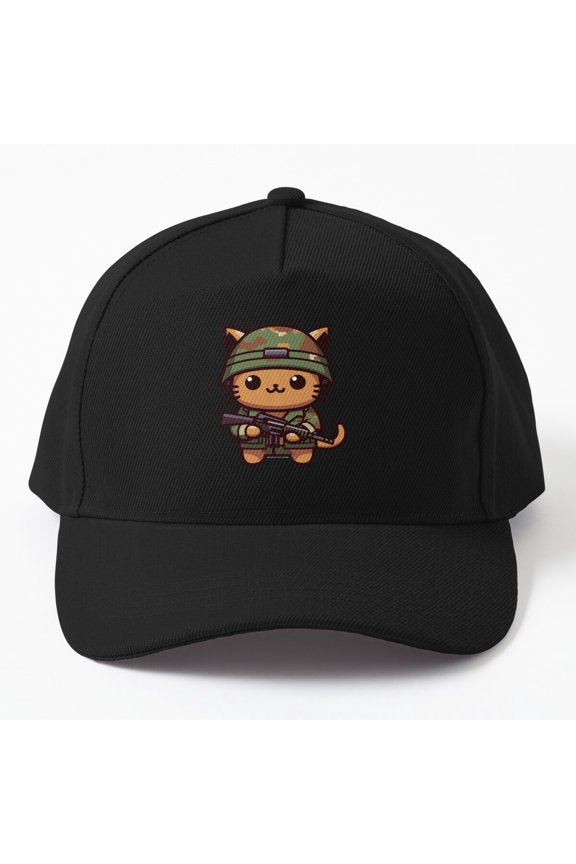 Cute Cat Soldier Baseball Cap, Military Feline Character Graphic Design, Classic Everyday Hat