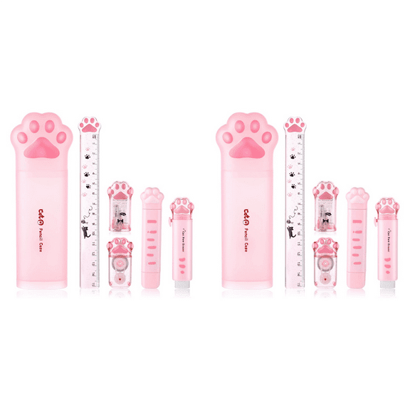 Cute Cat Stationery Set, 12 Pcs Kawaii Stationary Kit Pencil Sharpener Retractable Eraser Correction Tape Ruler