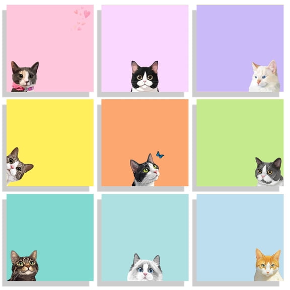 Cute Cat Sticky Notes Set, 9 Self Stick Notepads 3x3 Inches, Kawaii Adhesive Memo Pads for Office Desk Decor, Supplies, Cat Lover Gifts, Funny Stationery, Multicolor