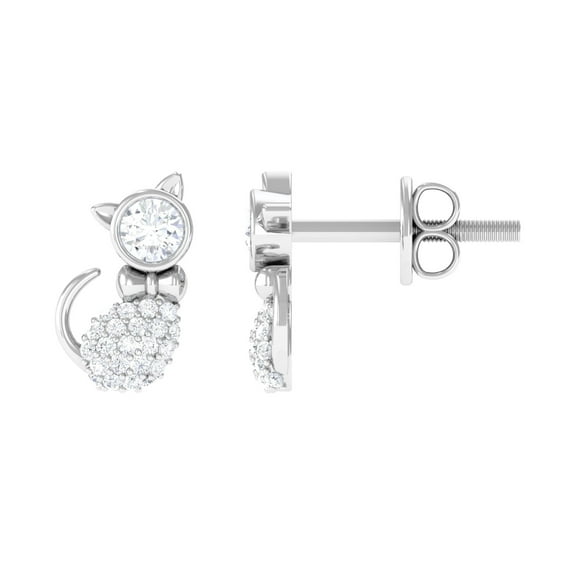Cute Cat Stud Earrings - Certified Diamond Earrings for Women - HI-SI Grade, 14K White Gold
