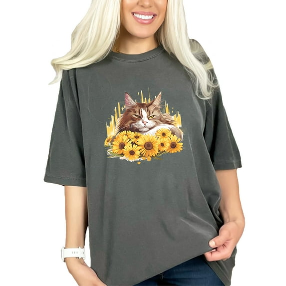 Cute Cat with Sunflowers Graphic T-Shirt, Fun Cat Lover Gift Tee, Adorable Kitty and Daisies Top, Unique Animal Print Shirt, Pepper Comfort Colors T-Shirt, Large