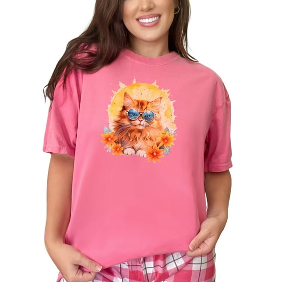 Cute Cat in Sunglasses T-Shirt, Funny Cat Graphic Tee, Cool Kitten Shirt, Summer Cat Lover Gift, Trendy Animal Art T-Shirt for Women Men, Crunchberry Comfort Colors T-Shirt, 2XL