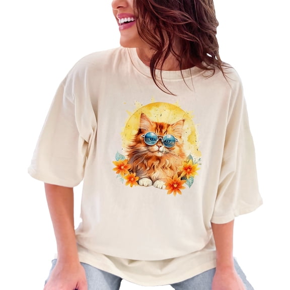 Cute Cat in Sunglasses T-Shirt, Funny Cat Graphic Tee, Cool Kitten Shirt, Summer Cat Lover Gift, Trendy Animal Art T-Shirt for Women Men, Ivory Comfort Colors T-Shirt, XL