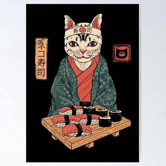 Cute Cat Sushi Restaurant Illustration Poster, Poster Home Decor, Poster Only
