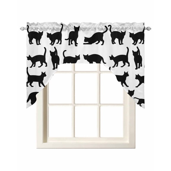 Cute Cat Swag Valance and Tier Curtains Set Black Cat Cartoon Animal White Background Kitchen Curtains 3 Piece Set Rod Pocket Panels for Bedroom Cafe 56x36 inch