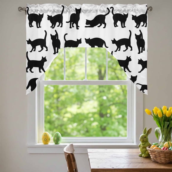 Cute Cat Swag Valances for Kitchen Window, Black Cat Cartoon Animal White Background Small Swag Valances Rod Pocket Curtain Drapes Window Treatment for Bedroom Bathroom, 56x36 Inch