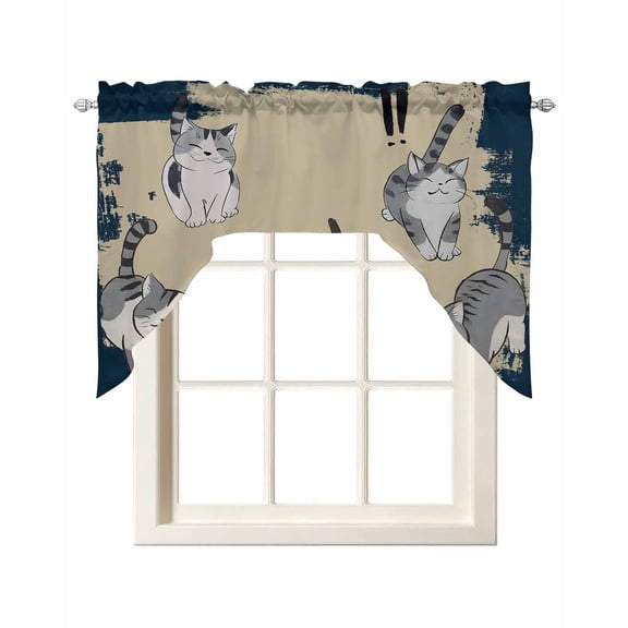 Cute Cat Swag Valances for Windows, Small Curtains Drapes, Navy Blue Beige Vintage Animal Kitchen Window Curtains Over Sink Rod Pocket Window Treatment Valance for Bedroom/Bathroom 56"x36"