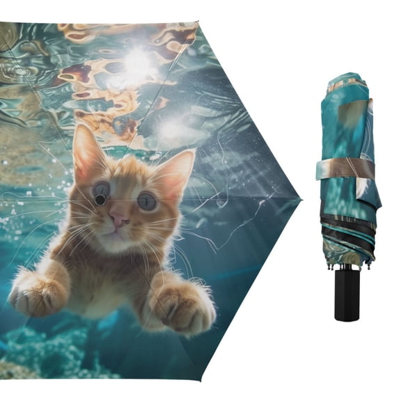 Cute Cat Swimming Underwater Compact Sun Umbrella Windproof Travel Umbrellas for Rain Strong Portable UV Protection
