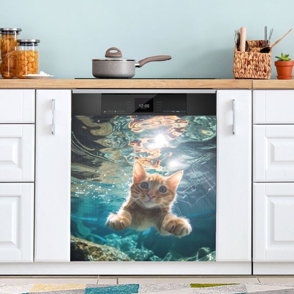 Cute Cat Swimming Underwater Dishwasher Magnet Cover Magnetic Fridge Door Cover Home Kitchen Decor 23"x 26"