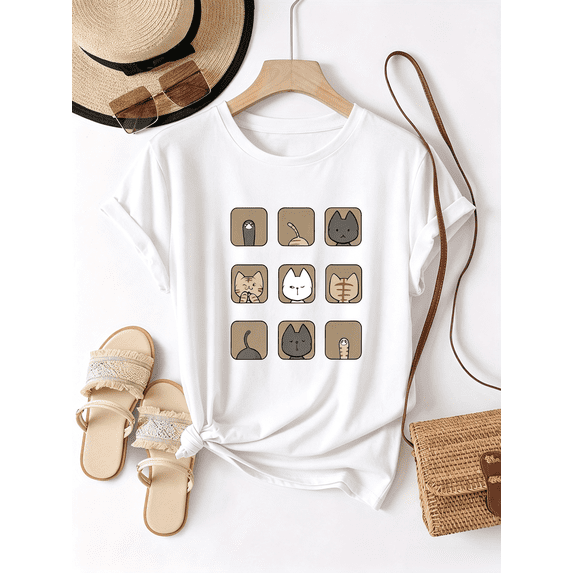 Cute Cat T-Shirt 3x3 Nine Grid Cats Graphic Tee For Cat Lovers