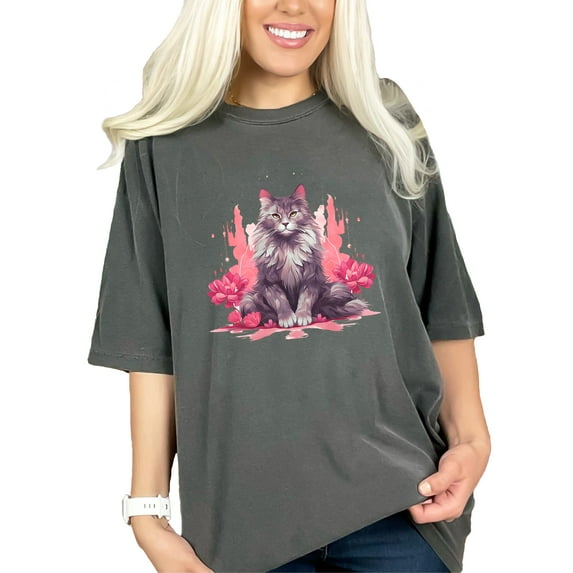 Cute Cat T-Shirt, Floral Cat Art Graphic Tee, Adorable Feline Lover Gift, Unique Animal Print T-Shirt, Casual Cat Lover Shirt, Pepper Comfort Colors T-Shirt, 2XL