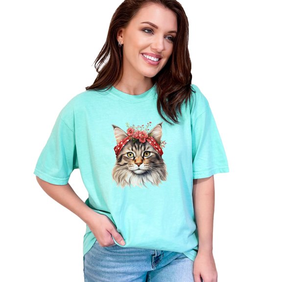 Cute Cat T-Shirt, Floral Cat Headband Tee, Funny Cat Lover Shirt, Adorable Pet Graphic Top, Unique Animal Print T-Shirt Gift, Casual Wear, Chalky Mint Comfort Colors T-Shirt, Large