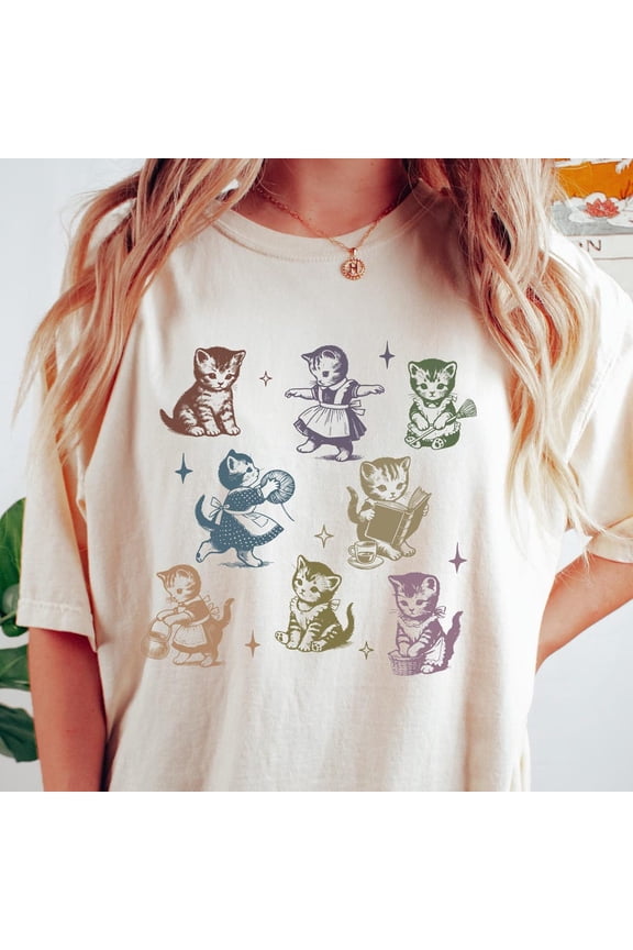 Cute Cat T-Shirt, Retro Shirt, Funny Kitten Playing Shirt, 1950'S Cats Tee, Funny Cat Mom Gift, Inspirational Women Crewneck Unisex S-5XL Hot Trending Shirt, Vintage Birthday Gift