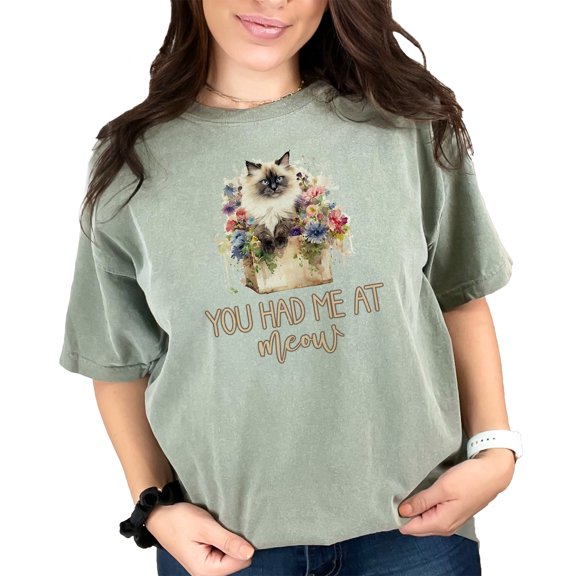 Cute Cat T-Shirt, You Had Me At Meow, Funny Cat Lovers Shirt, Adorable Feline Graphic Tee, Perfect Gift for Cat Enthusiasts, Moss Comfort Colors T-Shirt, Large