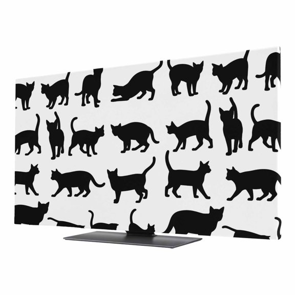Cute Cat TV Dust Cover 24 Inch, Black Cat Cartoon Animal White Background Computer Monitor Cover Dustproof Stretchable Indoor TV Screen Protector for LED LCD Universal Monitors