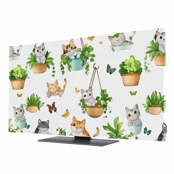 Cute Cat TV Dust Cover 24 Inch, Butterfly Green Plant Modern Cartoon Animal Computer Monitor Cover Dustproof Stretchable Indoor TV Screen Protector for LED LCD Universal Monitors