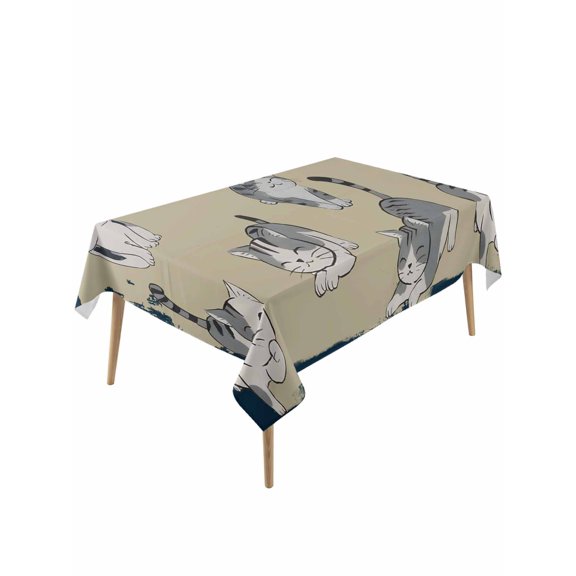 Cute Cat Table Cloth, Waterproof Tablecloth for Rectangle Tables, Navy Blue Beige Vintage Animal Reusable Washable Fabric Table Cover for Restaurant Kitchen Dining Tables 60"x120"