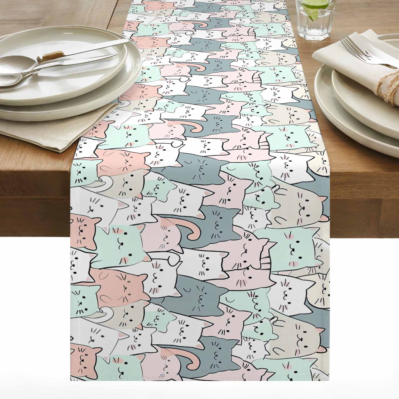 Cute Cat Table Runner 13x48 inch Cartoon Animal Light Pink Blue White ...