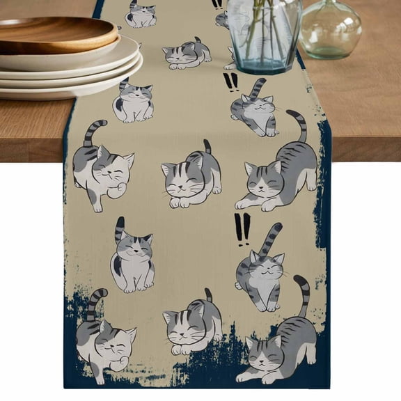 Cute Cat Table Runner, Navy Blue Beige Vintage Animal Washable Cotton Linen Table Runners 36 Inches Long, Dresser Scarf Runner for Nightstand/End Tables/Round Tables 13''x36''