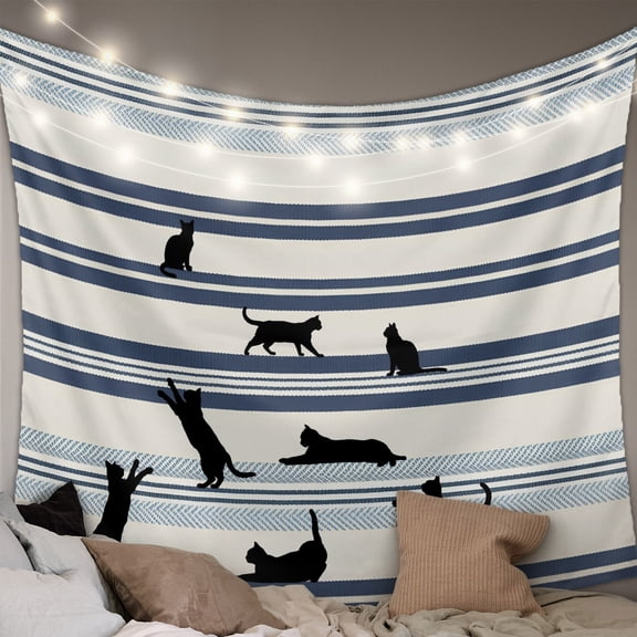 Cute Cat Tapestry for Bedroom Wall Hanging Tapestry, Funny Playing Animals Blue Stripe Lines Retro Ceiling Backdrop Tapestries Poster Blanket Wall Decor for Teens Room Living Room Dorm 59" x 79"