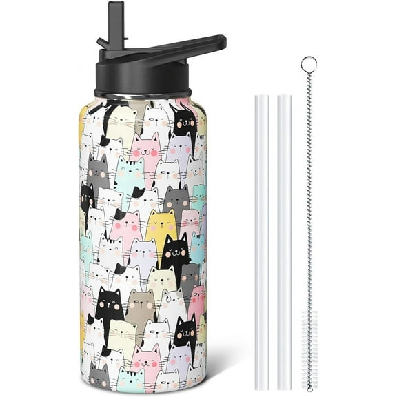 Cute Cat Themed 32oz Stainless Steel Water Bottle, Leak Proof with Flip Straw & Spout Lid for Sports, Gym, Gift for Women & Men