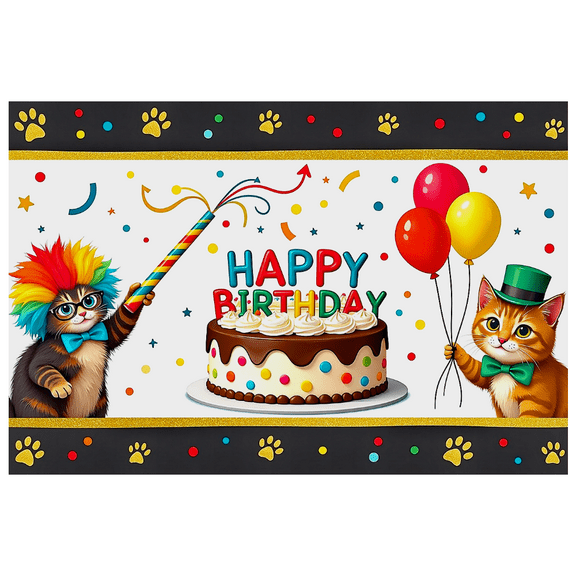 Cute Cat Themed Birthday Background Banner with Colorful Props Party Supplies Photography Props Happy Birthday Party Decorations