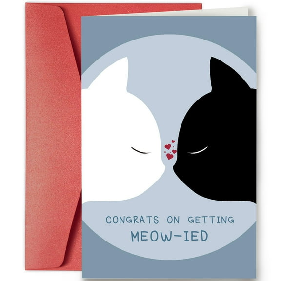 Cute Cat-Themed Wedding Congratulations Card - Congrats on Getting Meow-ied - Blank Inside with Envelope