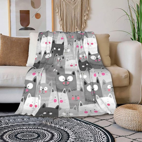 Cute Cat Throw Blanket 40 x 30Inch, Lightweight Soft Warm Sherpa Fleece Plush Cat Blankets for Bed Chair Car Sofa Couch Bedroom Decor, All Season Gifts