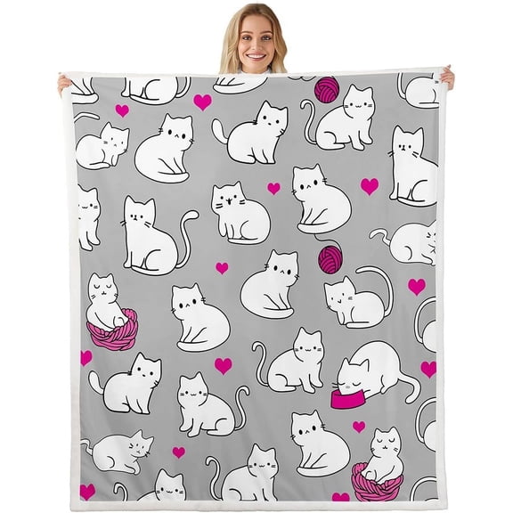 Cute Cat Throw Blanket for Bed Couch for Girls,Cartoon Cat Fleece Blanket Baby Size Pink Heart Sherpa Blanket Kawaii Pet Plush Blanket,Lovely Animal Theme Blanket,White Grey