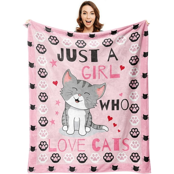 Cute Cat Throw Blanket Ultra Soft Warm Cozy Lightweight Microfiber Blankets, Just a Girl Who Loves Cats, Flannel Sherpa Fuzzy Fluffy Plush Throws for Sofa Couch Bedding All Season 60"x50"