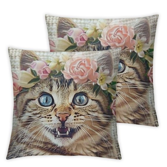 Cute Cat Throw Pillow Cover Kitten in a Flower Wreath with Pink Roses Isolatedon a White Background Decorative Square Pillow Case for Home Bedroom Living Room Cushion Cover