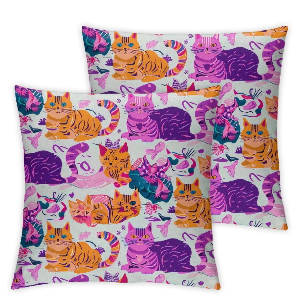 Cute Cat Throw Pillow Cover Set of 2 Cartoon Funny Animal Pretty Funky ...